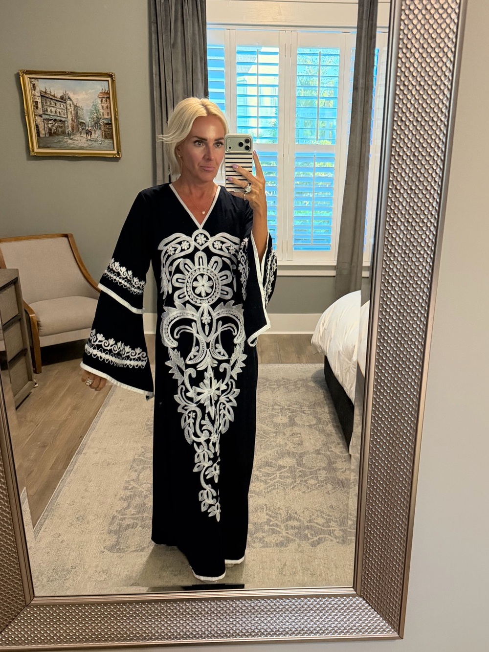Navy & White Maxi Caftan with White Embroidered Medallion